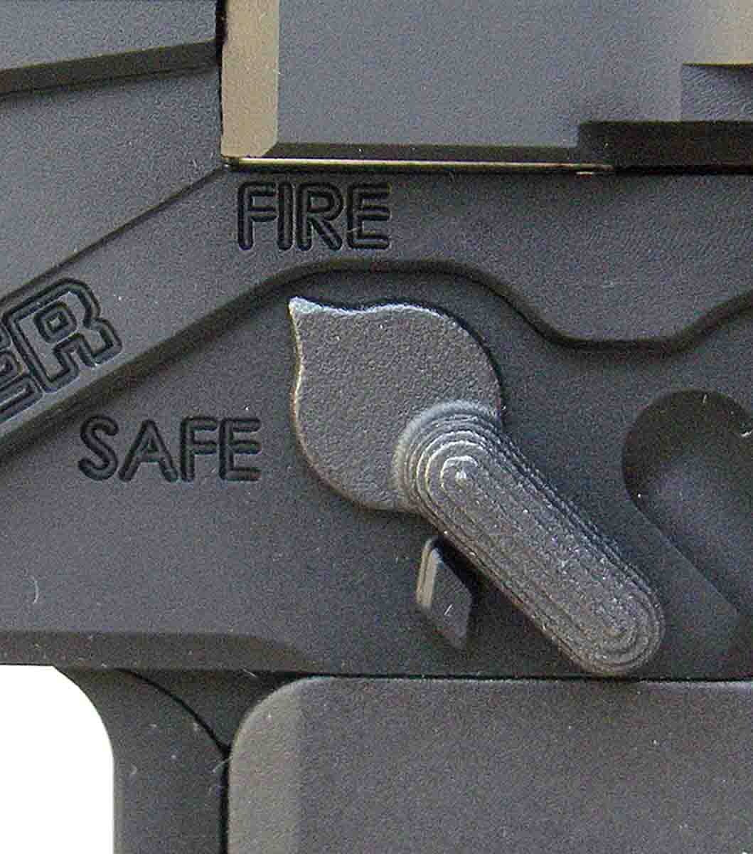 Although the safety is operated from the left side of the receiver and is similar to the AR-15, its position can also be seen from the right side.